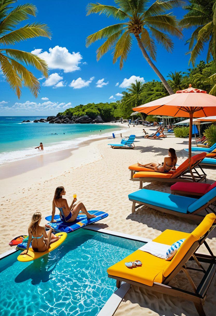 A vibrant beach scene showcasing active women in stylish beachwear, lounging by the poolside while others paddleboard in the shimmering sea. Include colorful towels, sun hats, and a tropical drink on a side table. The sky is bright blue with fluffy clouds, and the atmosphere is lively and energetic. super-realistic. vibrant colors. sunny background.