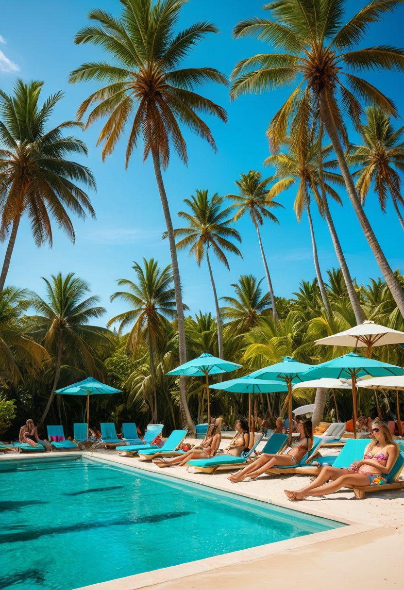 A sun-soaked beach scene featuring a diverse group of stylishly dressed individuals in vibrant bikinis and beachwear, engaging in various summer activities like surfing, sunbathing, and playing beach volleyball. The background should have crystal-clear turquoise water and palm trees swaying in the gentle breeze, creating a lively summer atmosphere. The image should highlight the joy and freedom of summer adventures. vivid colors. tropical aesthetic.