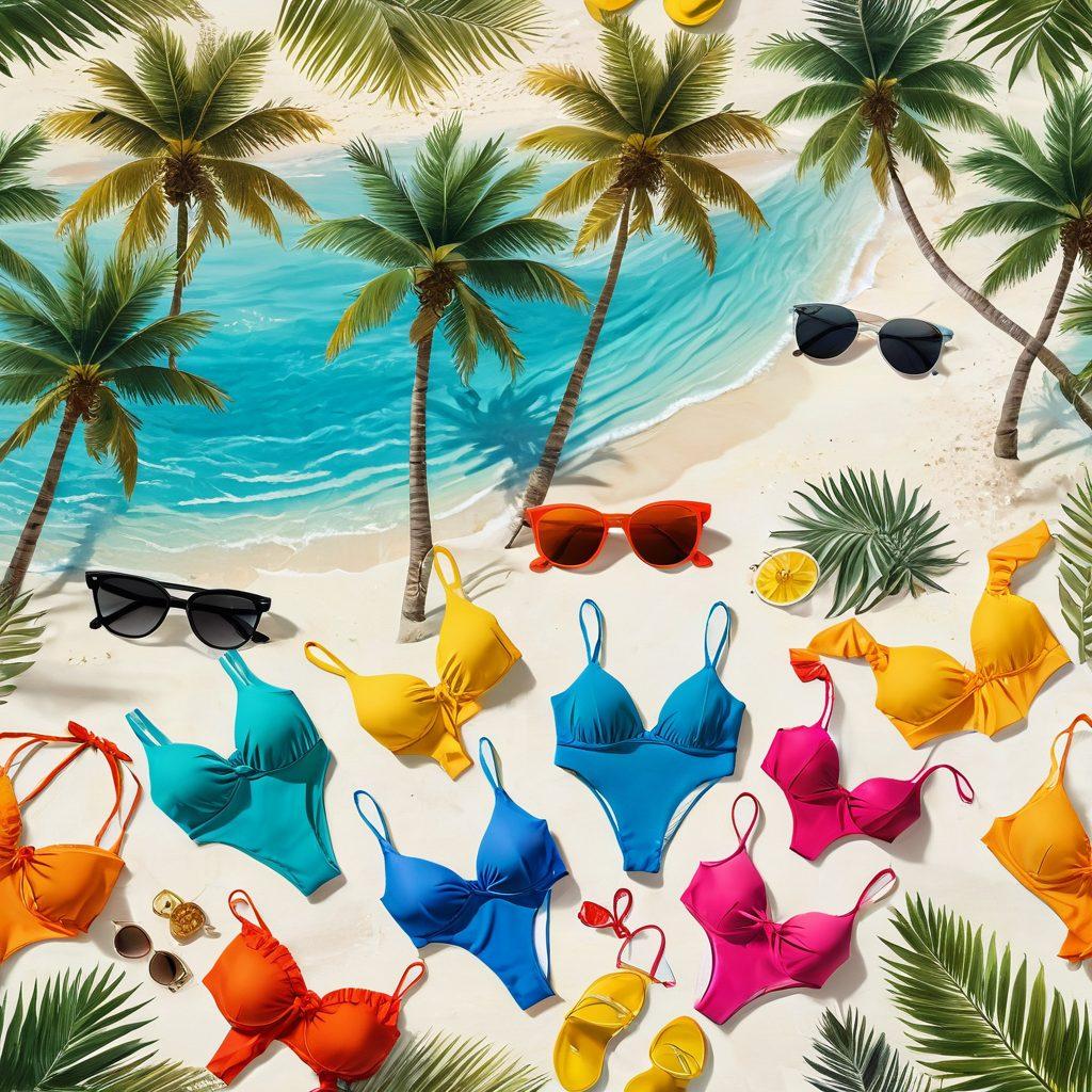 A chic summer scene featuring a variety of trendy swimsuits displayed on a vibrant beach setting, showcasing different styles and colors for fashion enthusiasts. Include stylish accessories like wide-brimmed hats and sunglasses scattered around. Sunlight glistens on the water, capturing a joyful summer vibe. Palm trees sway gently in the breeze. vibrant colors. super-realistic. sunny backdrop.
